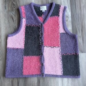 Vintage Christopher Banks Sweater Vest Hand Embroidered Color Block L Pink
